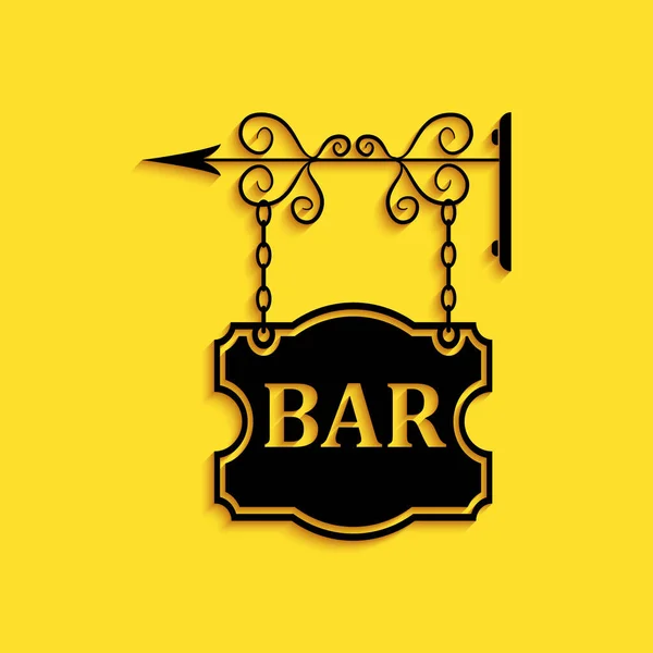 黄色の背景に隔離されたテキストバーアイコンと黒ヴィンテージの看板屋外広告 長い影のスタイル ベクトル — ストックベクタ