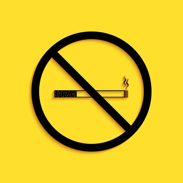Zwart Rookvrij Pictogram Geïsoleerd Gele Achtergrond Sigarettensymbool Lange Schaduw Stijl — Stockvector