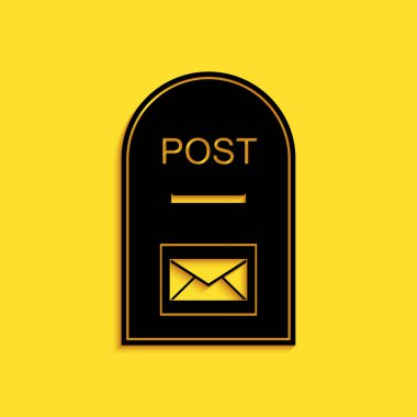 Kara posta kutusu simgesi. Sarı arkaplanda izole edilmiş posta kutusu simgesi. Uzun gölge tarzı. Vektör.