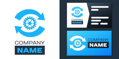 İş akışı konsepti simgesi olarak beyaz arkaplanda logotype Gear ve oklar izole edildi. Vites doldurma tabelası. Logo tasarım şablonu elemanı. Vektör.