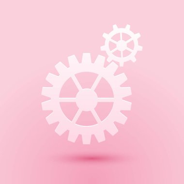 Kağıt kesiği Vites simgesi pembe arka planda izole edilmiş. Çarklı teçhizat ayarları. İşçi sembolü. Kağıt sanatı tarzı. Vektör.