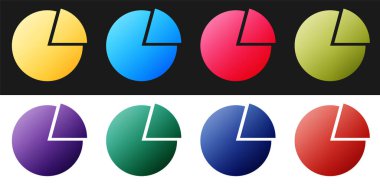 Siyah ve beyaz arkaplanda izole edilmiş turta grafiği bilgi simgesini ayarla. Grafik tanıtım işareti. Diyagram çizelgesi. Piyasa analizi sembolü. Vektör.