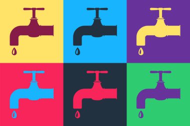 Düşen bir su damlası ikonu olan Pop Art Water musluğu renk arkaplanında izole edilmiş. Vektör.