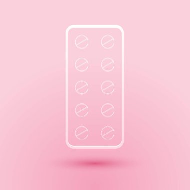 Kağıt kesikli haplar, pembe arka planda izole edilmiş su toplayıcı ikonu. İlaçlar için ilaç paketi: vitamin, antibiyotik, aspirin. Kağıt sanatı tarzı. Vektör.