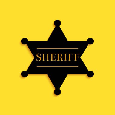 Sarı arka planda siyah altıgen şerif yıldızı ikonu var. Şerif rozeti sembolü. Uzun gölge tarzı. Vektör.