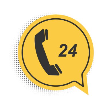 Siyah Telefon, beyaz arkaplanda 24 saat boyunca izole edilmiş destek ikonu. Tüm gün müşteri destek merkezi. Sarı konuşma balonu sembolü. Vektör.