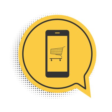 Siyah Online alışveriş konsepti. Beyaz zemin üzerinde izole edilmiş akıllı telefon simgesi üzerinde alışveriş arabası. E-ticaret kavramı, çevrimiçi iş pazarlaması. Sarı konuşma balonu sembolü. Vektör.