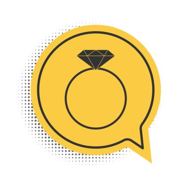 Siyah Elmas nişan yüzüğü ikonu beyaz arkaplanda izole edilmiş. Sarı konuşma balonu sembolü. Vektör.