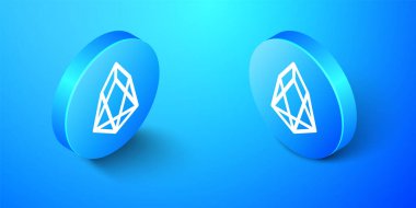 Isometric Crypto para birimi EOS simgesi mavi arkaplanda izole edildi. Madeni para. Dijital para birimi. Engelleme zinciri tabanlı şifreli para birimi. Mavi daire düğmesi. Vektör.