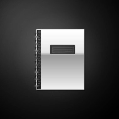 Siyah arkaplanda gümüş defter simgesi izole edildi. Spiral not defteri simgesi. Okul defteri. Yazı tahtası. İş günlüğü. Ofis eşyaları. Uzun gölge tarzı. Vektör.