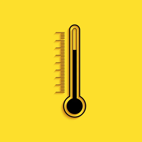 黑色温度计图标孤立在黄色背景上 长影子风格 — 图库矢量图片