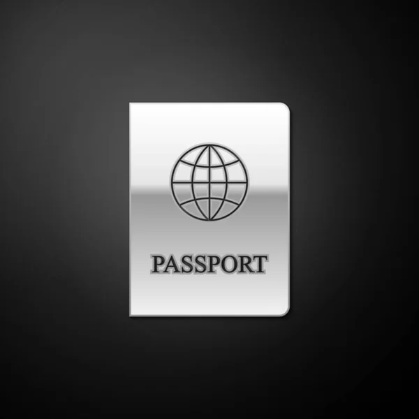 Pasaporte Plateado Con Icono Datos Biométricos Aislado Sobre Fondo Negro — Vector de stock