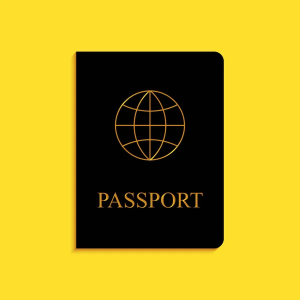 Pasaporte Negro Con Icono Datos Biométricos Aislado Sobre Fondo Amarillo — Vector de stock