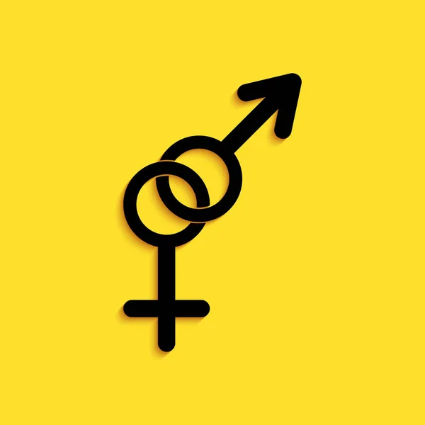 黄色の背景に隔離されたブラックジェンダーアイコン 男性と女性のシンボル セックスシンボル 長い影のスタイル ベクトル — ストックベクタ