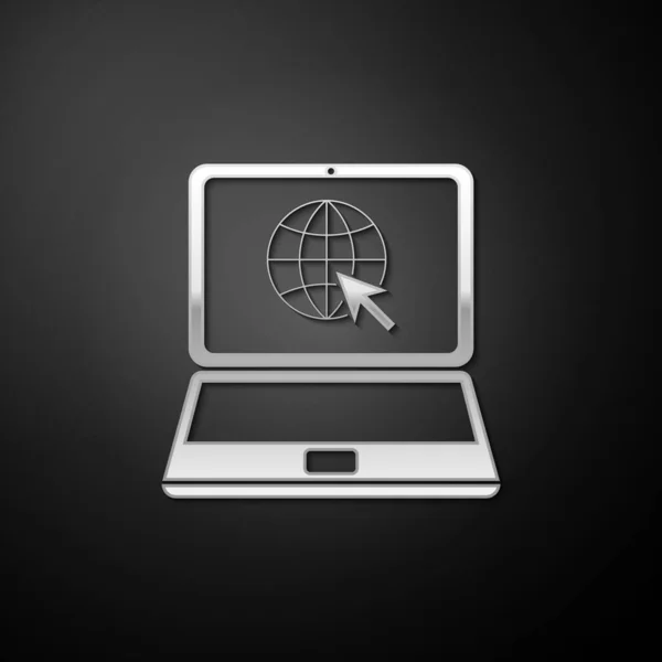 Silver Website Laptop Screen Icon Isolated Black Background Laptop Globe — Stock Vector