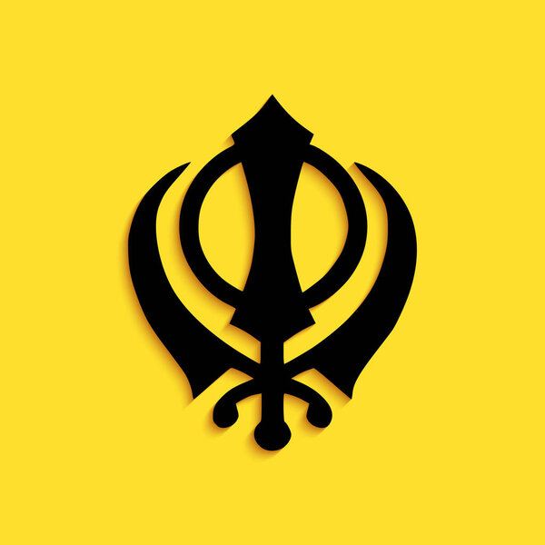 Black Sikhism religion Khanda symbol icon isolated on yellow background. Khanda Sikh symbol. Long shadow style. Vector.