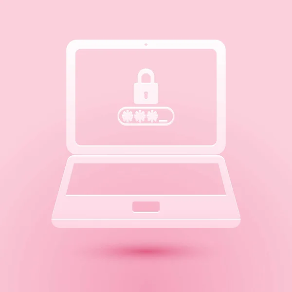 Paper Cut Laptop Password Notification Lock Icon Isolated Pink Background — Stock Vector