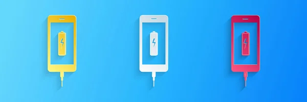 Pappersklipp Smartphone Batteri Laddnings Ikon Isolerad Blå Bakgrund Telefon Med — Stock vektor