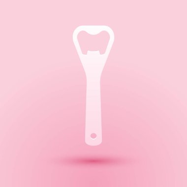 Kağıt kesiği şişe açacağı simgesi pembe arkaplanda izole edilmiş. Kağıt sanatı tarzı. Vektör.