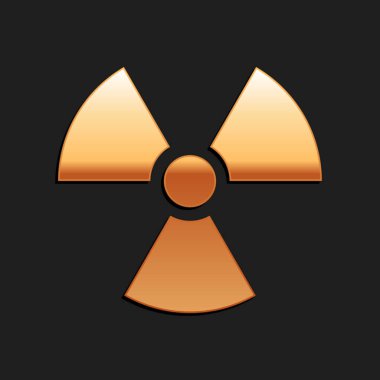 Siyah arkaplanda izole edilmiş Altın Radyoaktif simgesi. Radyoaktif zehirli sembol. Radyasyon tehlikesi işareti. Uzun gölge tarzı. Vektör.