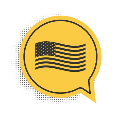Beyaz arka planda siyah Amerikan bayrağı ikonu izole edildi. ABD bayrağı. Sarı konuşma balonu sembolü. Vektör.