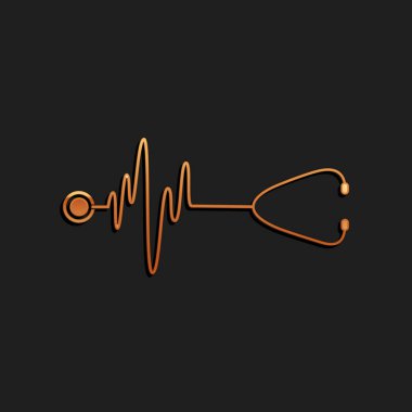 Siyah arka planda kalp atışı ikonu olan altın stetoskop. Tıbbi konsept. Nabız bakımı sembolü. Uzun gölge tarzı. Vektör.