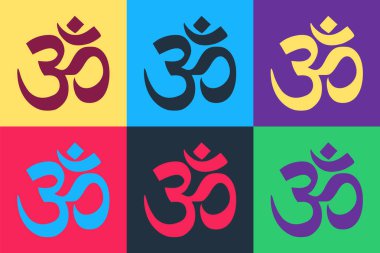 Pop Art Om ya da Aum Indian kutsal ses simgesi renkli arkaplanda izole edilmiş. Brahma, Vishnu ve Shiva 'nın kutsal üçlemesinin sembolü. Vektör.