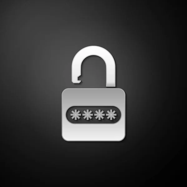 黒の背景に隔離された銀パスワード保護と安全アクセスアイコン ロックアイコン セキュリティ 安全性 プライバシーの概念 長い影のスタイル ベクトル — ストックベクタ