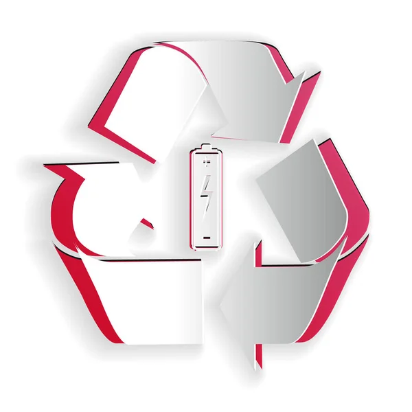 紙カット白の背景に隔離されたリサイクルシンボルアイコンとバッテリー リサイクルシンボル付きバッテリー 再生可能エネルギーの概念 紙のアートスタイル ベクトル — ストックベクタ