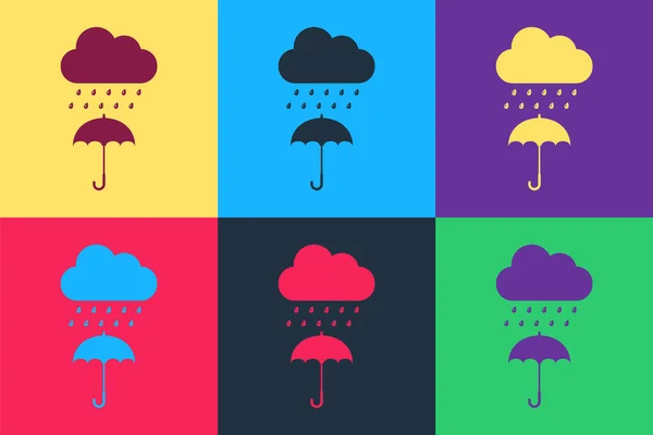 Pop Art Nuage Avec Goutte Pluie Sur Icône Parapluie Isolé — Image vectorielle