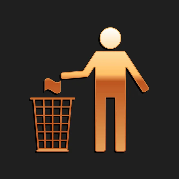 Gold Man Gooit Afval Vuilnisbak Pictogram Geïsoleerd Zwarte Achtergrond Recycle — Stockvector