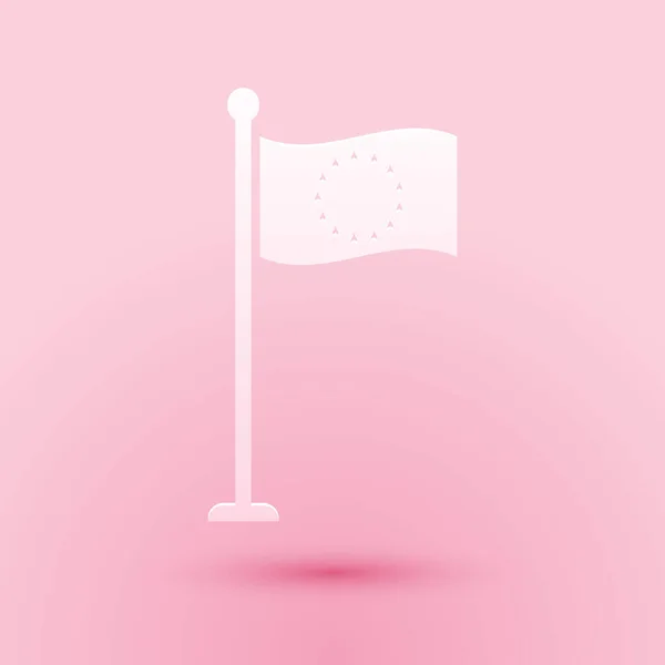 用紙カットピンクの背景に隔離された欧州連合のアイコンの旗 Euのサークルシンボル 金属極にEuの旗を振る 紙のアートスタイル ベクトル — ストックベクタ