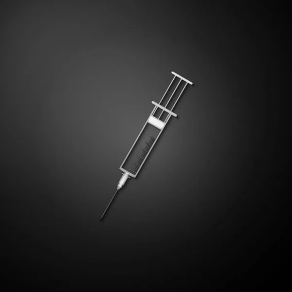 Stříbrná Stříkačka Ikona Izolované Černém Pozadí Injekční Stříkačka Pro Očkování — Stockový vektor