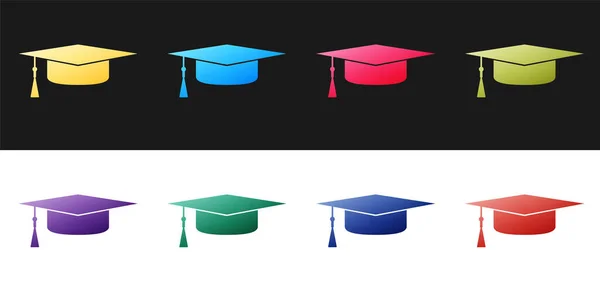 Set Graduation Cap Icon Isolated Black White Background Graduation Hat — Stock Vector