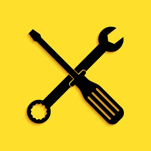 Schwarzer Schlüssel Und Schraubendreher Symbole Isoliert Auf Gelbem Hintergrund Service — Stockvektor