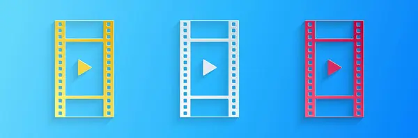 Řez Papíru Přehrát Ikonu Video Izolované Modrém Pozadí Filmový Proužek — Stockový vektor