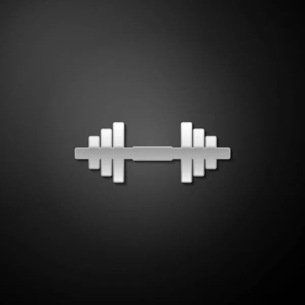 銀のダンベルアイコンは黒の背景に隔離されています 筋肉の持ち上げアイコン フィットネスバー ジムのアイコン スポーツ用品のシンボル 運動バンベル 長い影のスタイル ベクトル — ストックベクタ