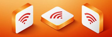 Isometric Wi-Fi kablosuz internet ağ sembolü ikonu turuncu arka planda izole edildi. Turuncu kare düğme. Vektör.