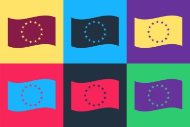 Avrupa Birliği 'nin Pop Art Flag simgesi renk arkaplanında izole edildi. AB çember sembolü. Avrupa bayrağı sallıyor. Vektör.