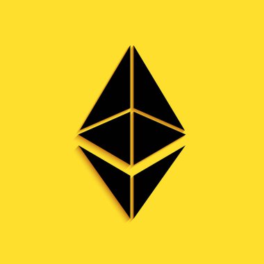 Siyah Kripto para birimi Ethereum ETH simgesi sarı arka planda izole edildi. Dijital para birimi. Altcoin sembolü. Engelleme zinciri tabanlı şifreli para birimi. Uzun gölge tarzı. Vektör.
