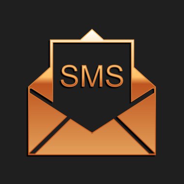 Siyah arkaplanda izole edilmiş Altın Zarf simgesi. Mesaj konsepti alındı. Yeni, e-posta gelen mesaj, SMS. Posta servisi. Uzun gölge tarzı. Vektör.