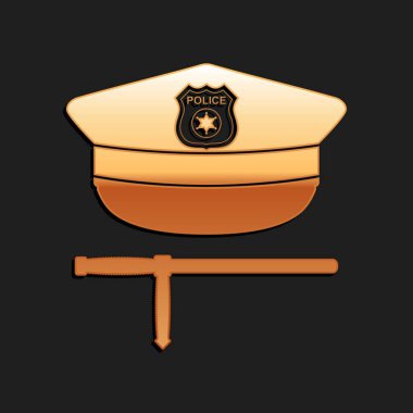 Siyah arka planda altın polis şapkası ve kauçuk cop ikonu var. Güvenlik copları. Polis sopası. Polis üniforması. Uzun gölge tarzı. Vektör.
