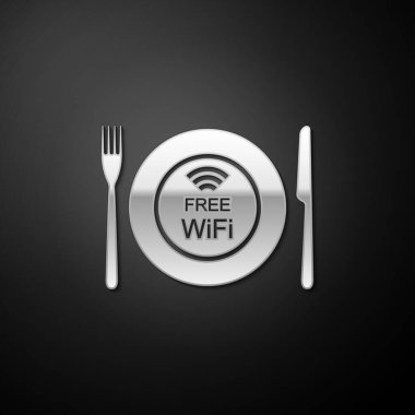 Gümüş Restoran Ücretsiz Kablosuz Kablosuz Ağ Bölgesi simgesi siyah arkaplanda izole edildi. Tabak, çatal ve bıçak işareti. Uzun gölge tarzı. Vektör.