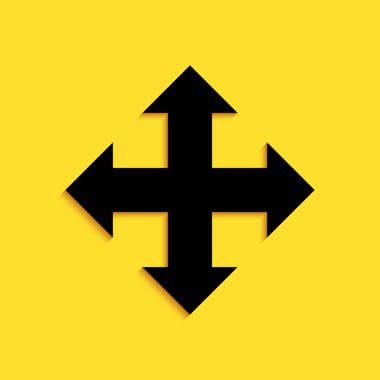 Sarı arkaplanda izole edilmiş dört yönlü siyah oklar. Uzun gölge tarzı. Vektör.