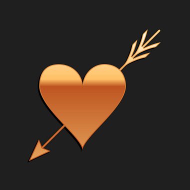 Siyah zemin üzerinde kalp ve ok simgesi olan Gold Amour sembolü. Aşk işareti. Sevgililer Günü sembolü. Uzun gölge tarzı. Vektör.
