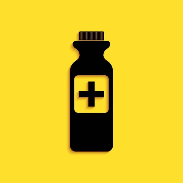 黑色药瓶图标孤立在黄色背景 瓶装药丸标志 药房设计 长影子风格 — 图库矢量图片