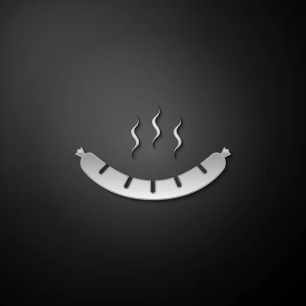 银色香肠与蒸汽图标隔离在黑色背景 烤香肠和香味标志 长影子风格 — 图库矢量图片