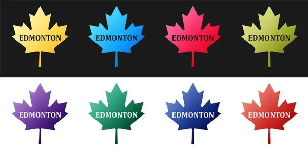 设置加拿大枫叶与城市名称埃德蒙顿图标隔离的黑白背景 — 图库矢量图片