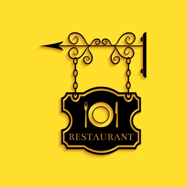 黑色复古广告牌户外广告与文字餐厅和餐具 刀图标隔离在黄色背景 餐厅标志 长影子风格 — 图库矢量图片