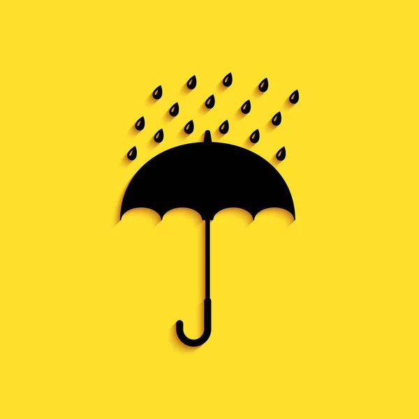 Paraguas Negro Gotas Lluvia Icono Aislado Sobre Fondo Amarillo Estilo — Vector de stock